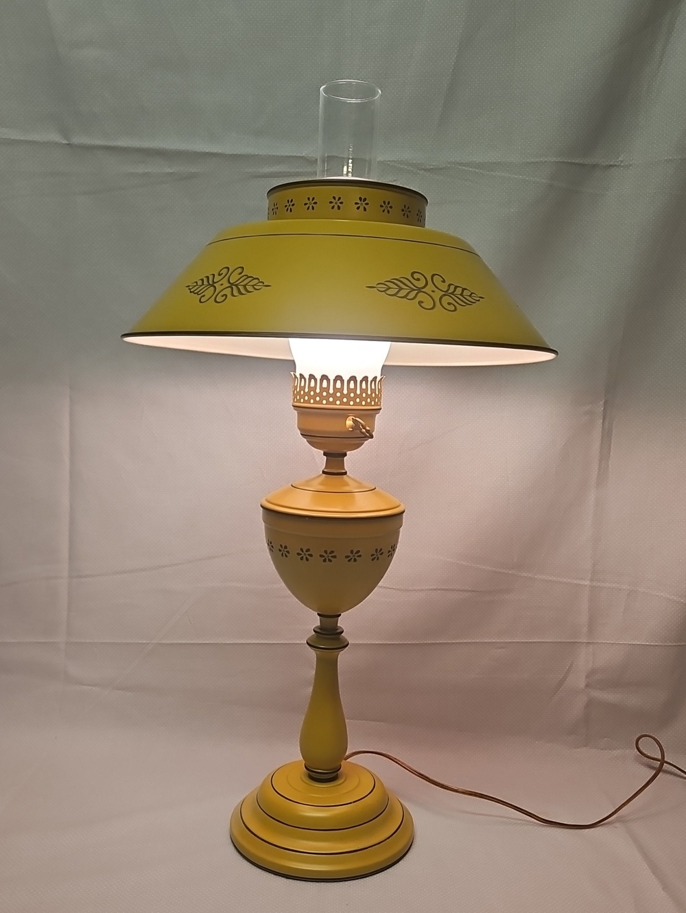 Vintage Mustard Yellow Toleware Lamp Hand Painted Detailing Colonial Revival